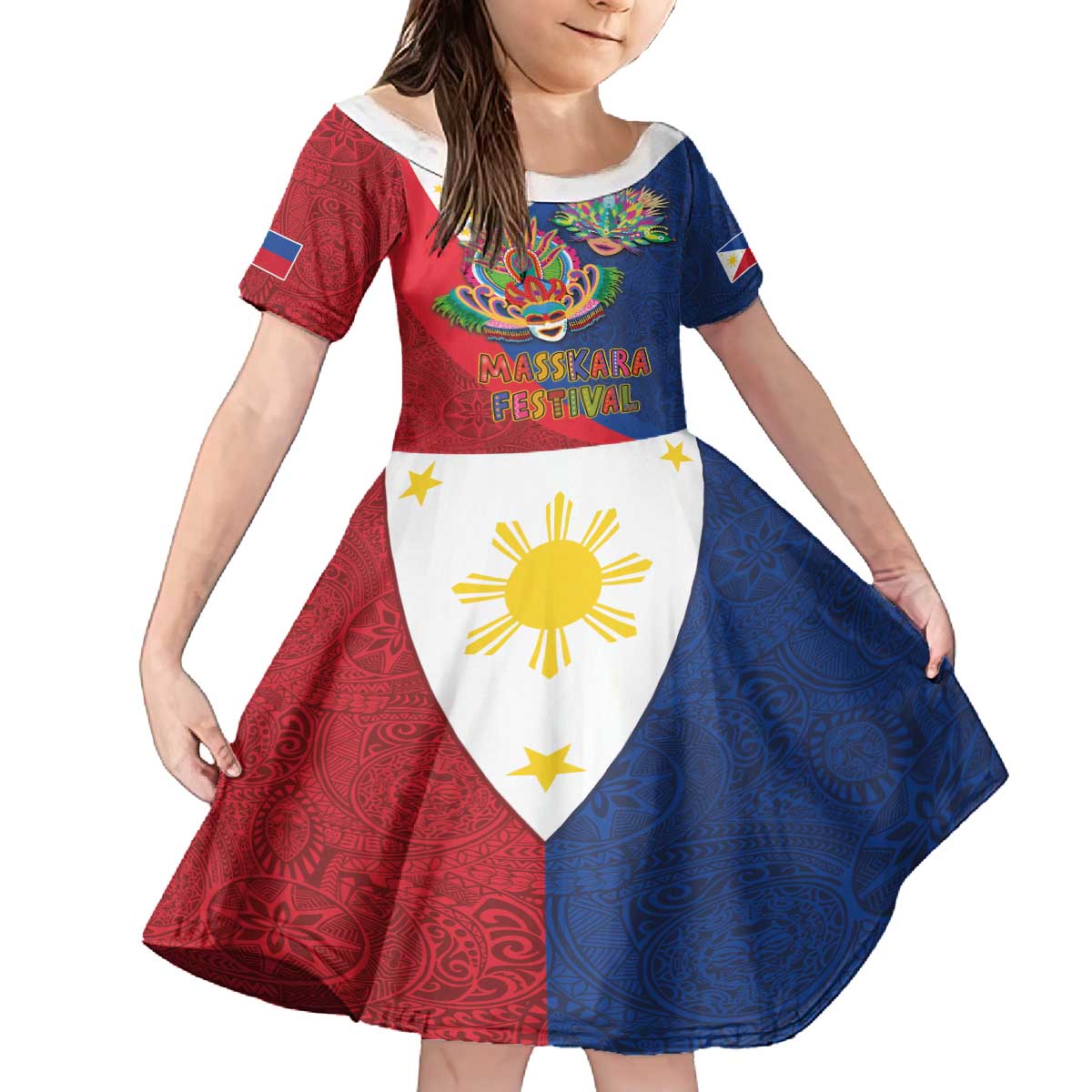 Philippines MassKara Family Matching Off The Shoulder Long Sleeve Dress and Hawaiian Shirt Filipino Carnival Mask and Polynesian Pattern LT03 Daughter's Dress Blue - Polynesian Pride
