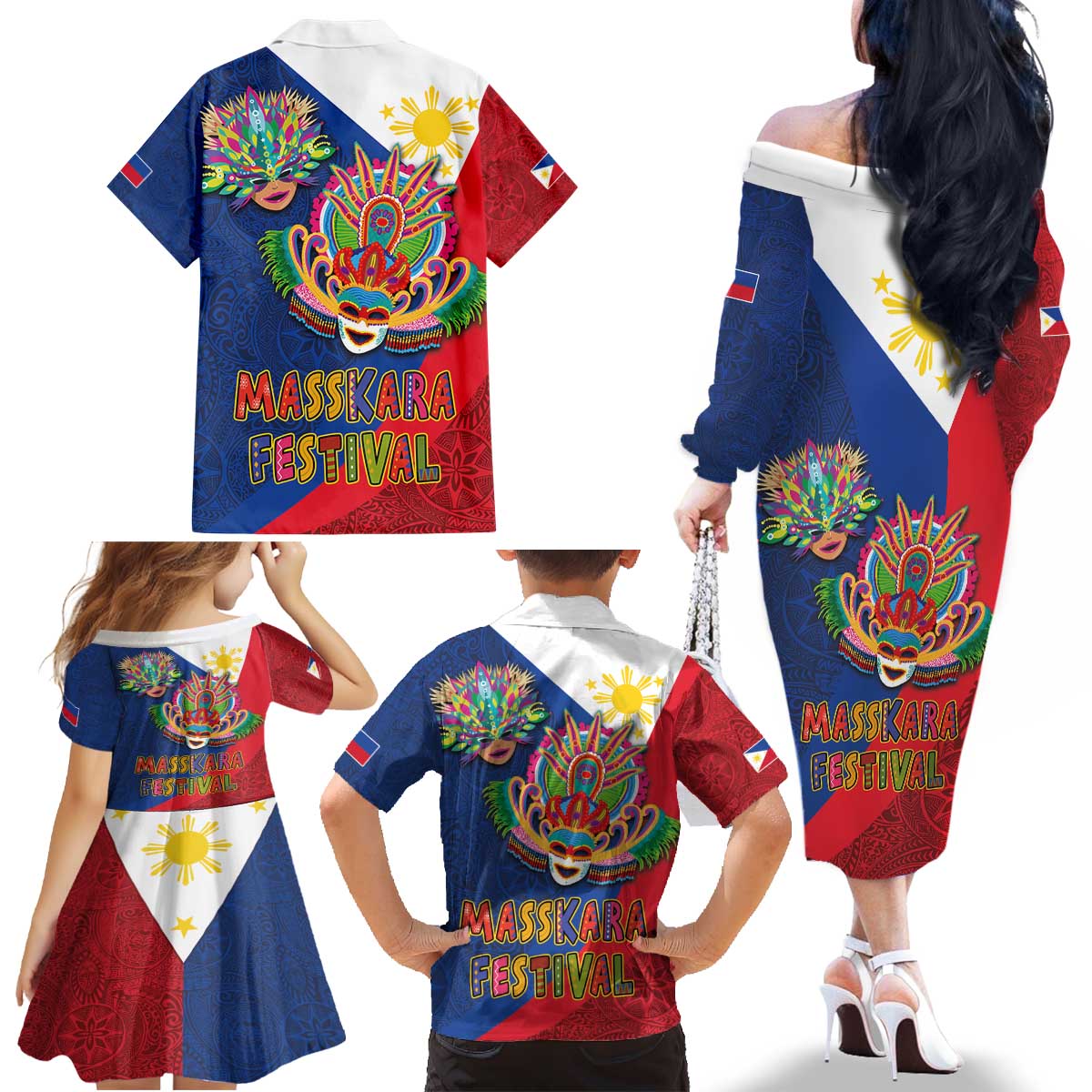 Philippines MassKara Family Matching Off The Shoulder Long Sleeve Dress and Hawaiian Shirt Filipino Carnival Mask and Polynesian Pattern LT03 - Polynesian Pride