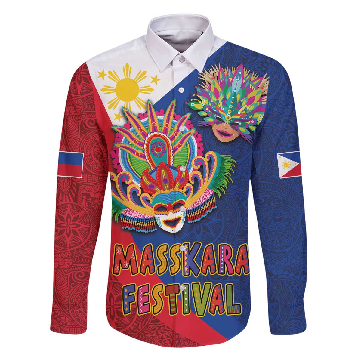 Philippines MassKara Family Matching Off Shoulder Short Dress and Hawaiian Shirt Filipino Carnival Mask and Polynesian Pattern