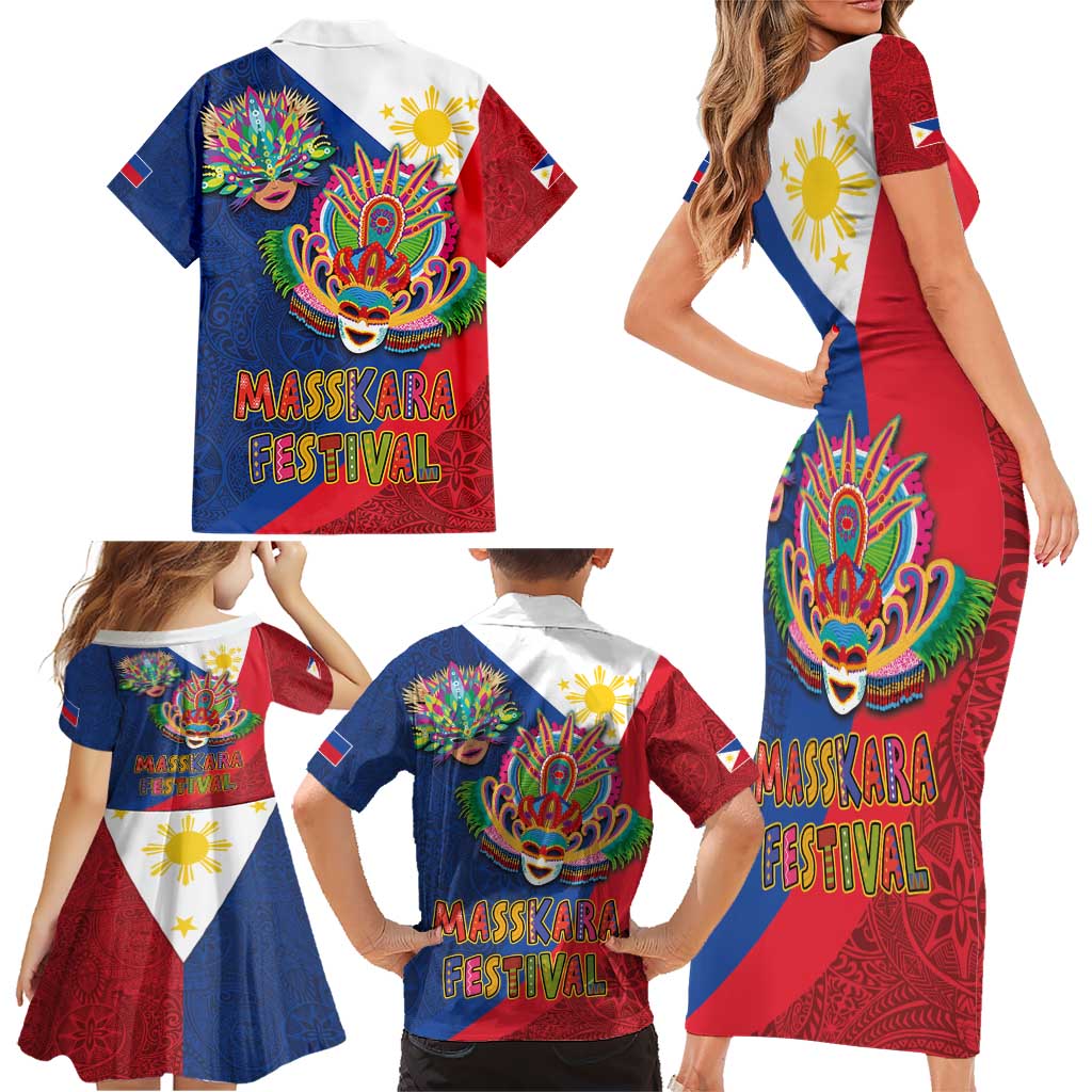 Philippines MassKara Family Matching Short Sleeve Bodycon Dress and Hawaiian Shirt Filipino Carnival Mask and Polynesian Pattern LT03 - Polynesian Pride