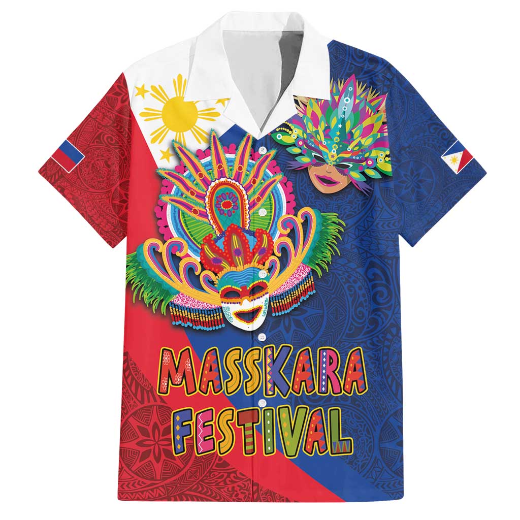 Philippines MassKara Family Matching Short Sleeve Bodycon Dress and Hawaiian Shirt Filipino Carnival Mask and Polynesian Pattern LT03 Dad's Shirt - Short Sleeve Blue - Polynesian Pride