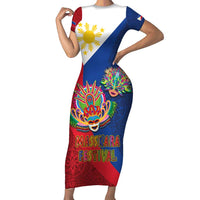 Philippines MassKara Family Matching Short Sleeve Bodycon Dress and Hawaiian Shirt Filipino Carnival Mask and Polynesian Pattern LT03 Mom's Dress Blue - Polynesian Pride