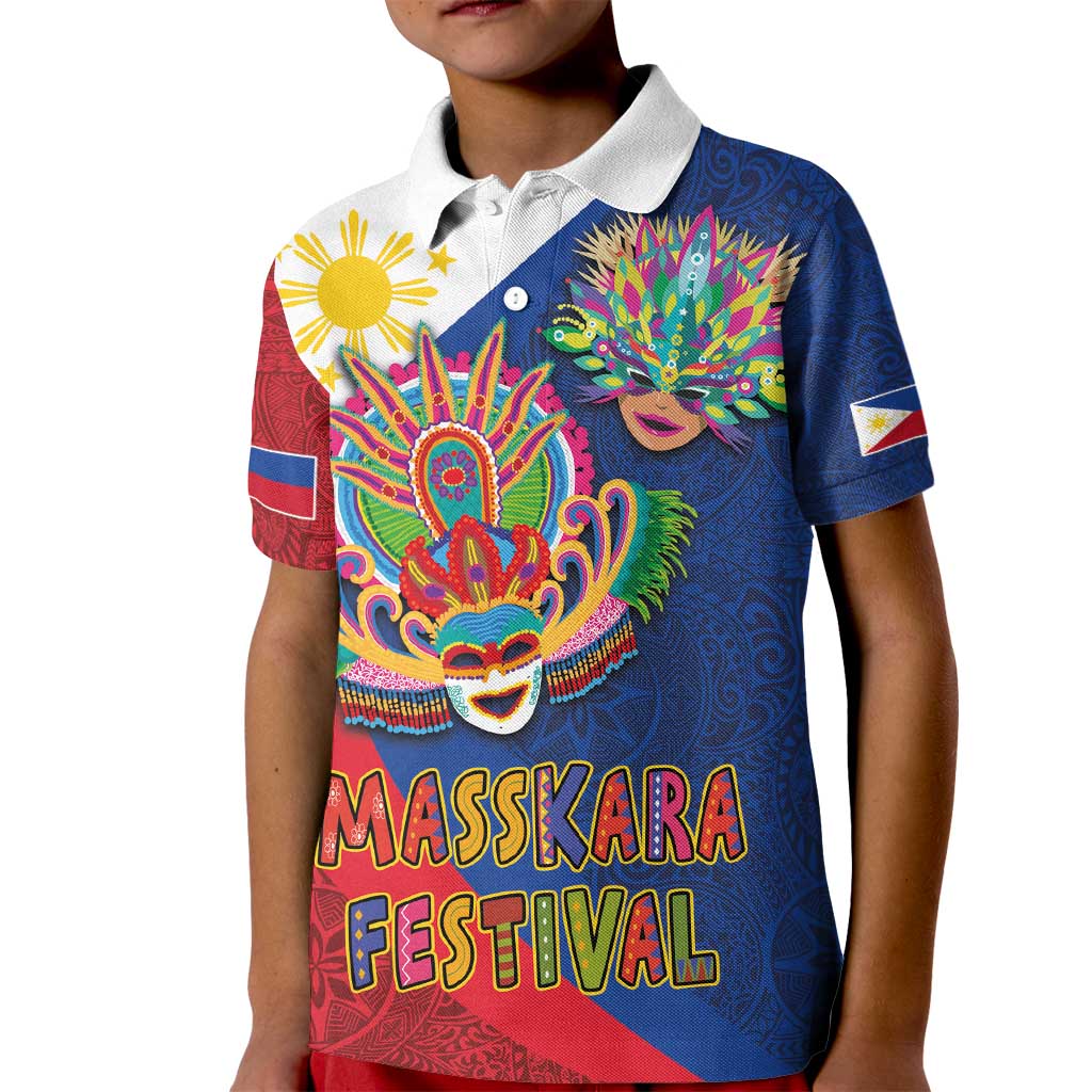 Philippines MassKara Kid Polo Shirt Filipino Carnival Mask and Polynesian Pattern