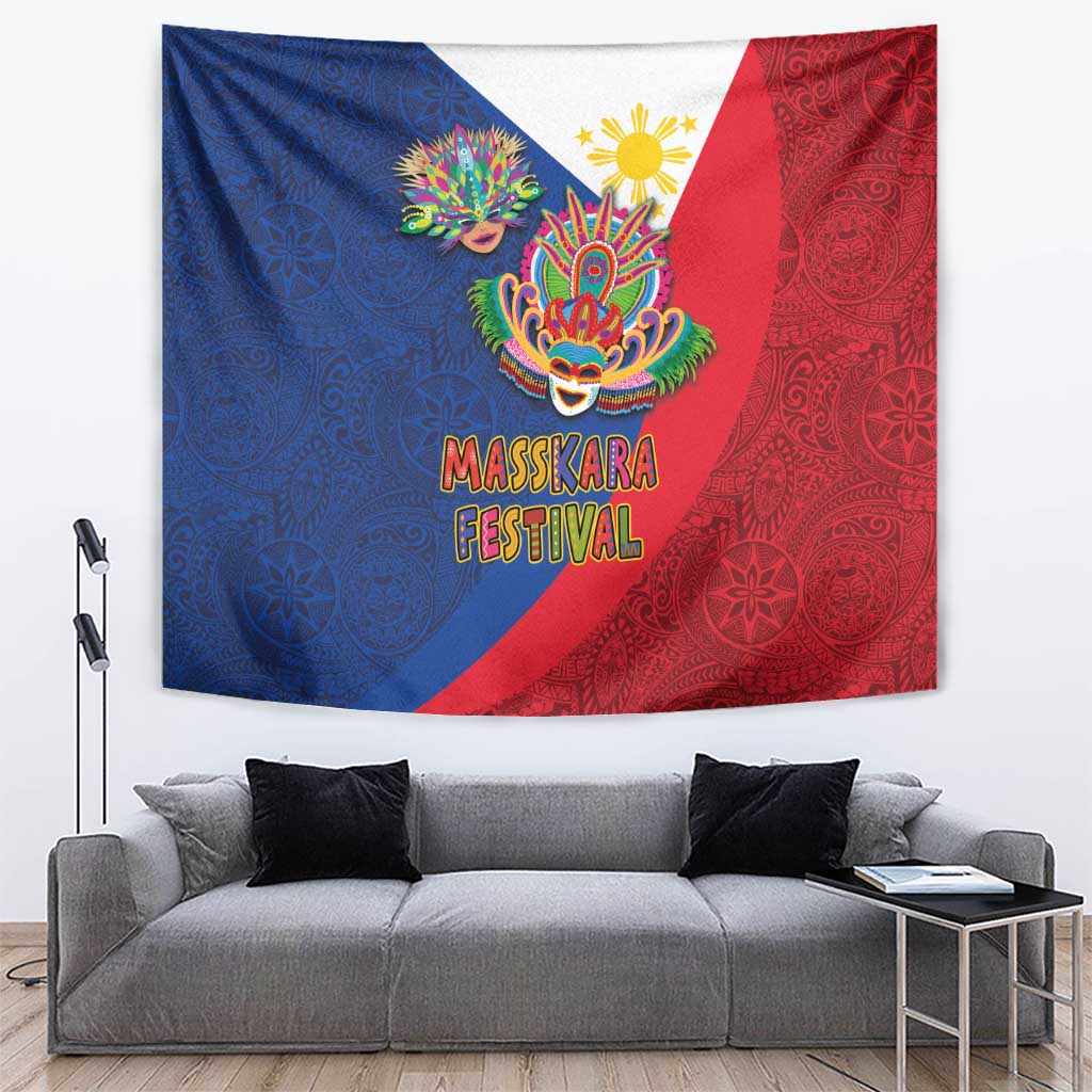 Philippines MassKara Tapestry Filipino Carnival Mask and Polynesian Pattern LT03 Blue - Polynesian Pride