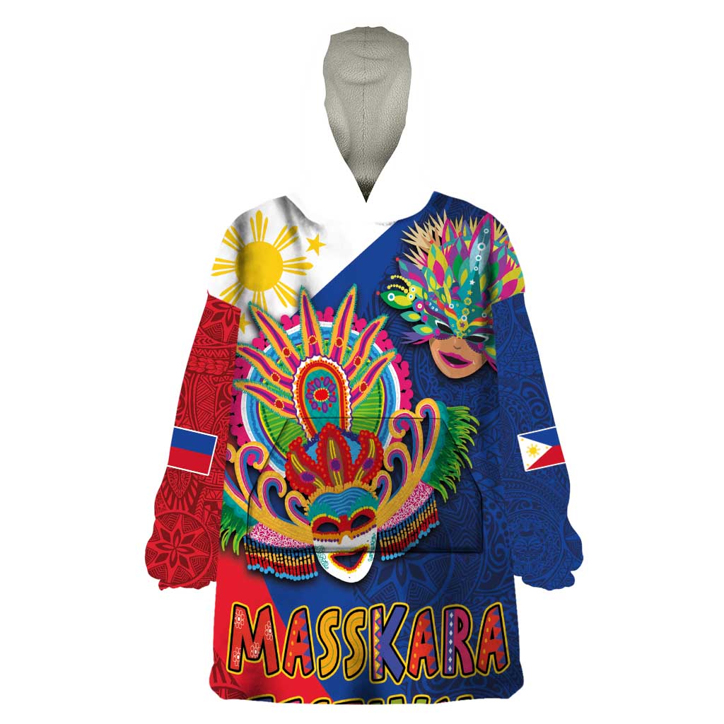 Philippines MassKara Wearable Blanket Hoodie Filipino Carnival Mask and Polynesian Pattern LT03 One Size Blue - Polynesian Pride