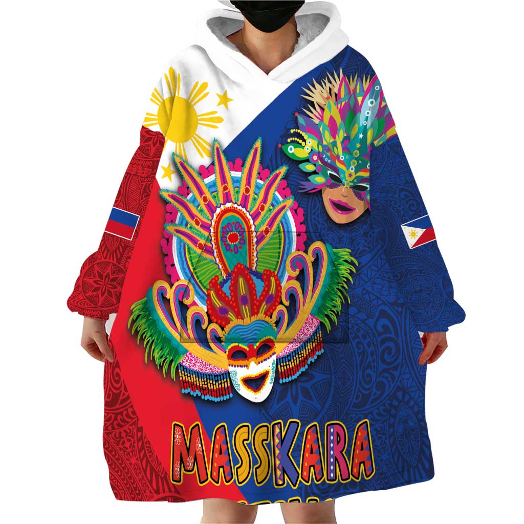 Philippines MassKara Wearable Blanket Hoodie Filipino Carnival Mask and Polynesian Pattern LT03 - Polynesian Pride