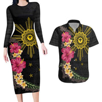 Hawaii and Philippines Together Couples Matching Long Sleeve Bodycon Dress and Hawaiian Shirt Hibiscus Flower and Sun Badge Polynesian Pattern Coloful LT03 Black - Polynesian Pride