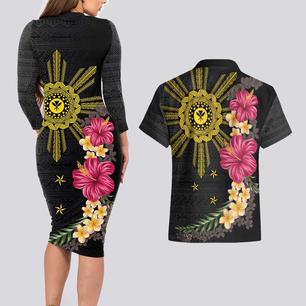 Hawaii and Philippines Together Couples Matching Long Sleeve Bodycon Dress and Hawaiian Shirt Hibiscus Flower and Sun Badge Polynesian Pattern Coloful LT03 - Polynesian Pride