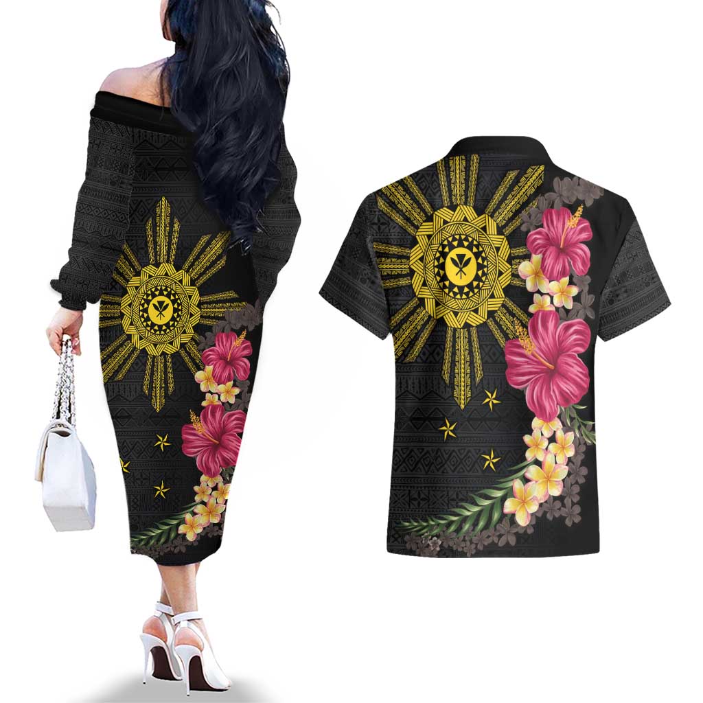 Hawaii and Philippines Together Couples Matching Off The Shoulder Long Sleeve Dress and Hawaiian Shirt Hibiscus Flower and Sun Badge Polynesian Pattern Coloful LT03 - Polynesian Pride