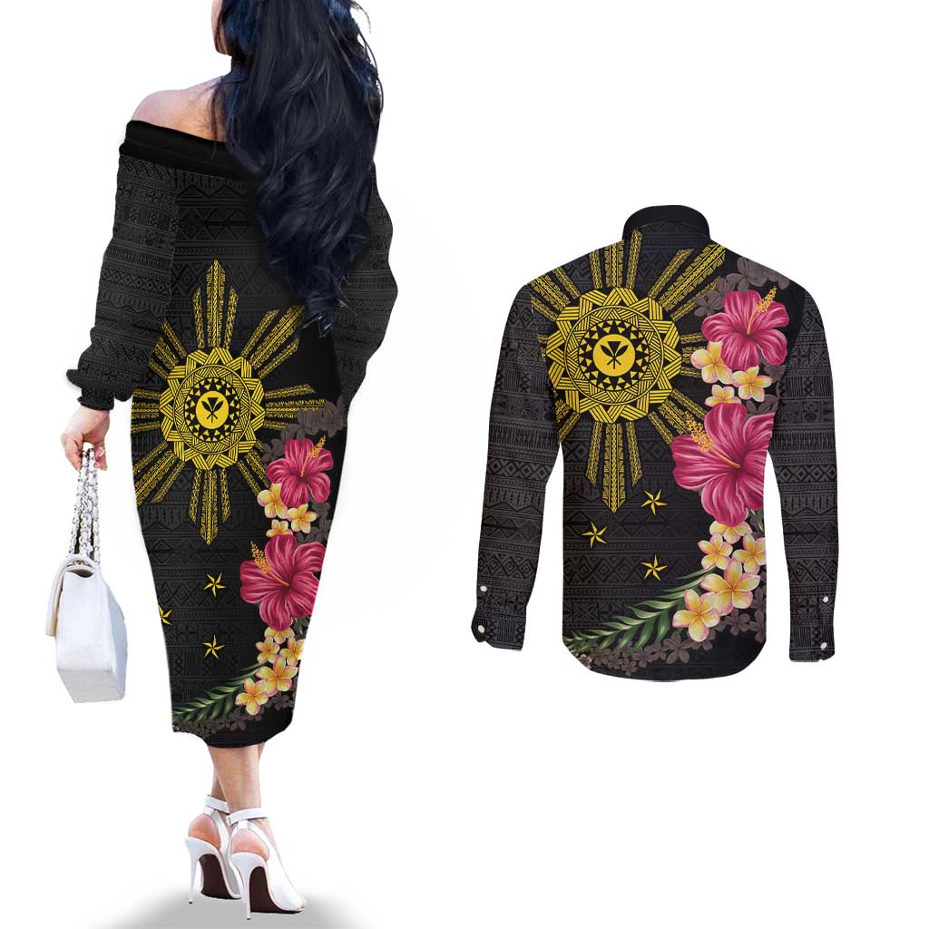 Hawaii and Philippines Together Couples Matching Off The Shoulder Long Sleeve Dress and Long Sleeve Button Shirt Hibiscus Flower and Sun Badge Polynesian Pattern Coloful