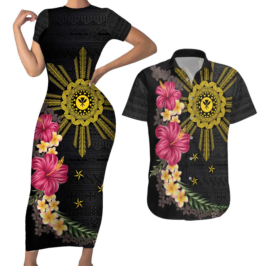 Hawaii and Philippines Together Couples Matching Short Sleeve Bodycon Dress and Hawaiian Shirt Hibiscus Flower and Sun Badge Polynesian Pattern Coloful LT03 Black - Polynesian Pride