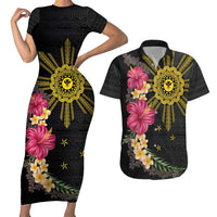 Hawaii and Philippines Together Couples Matching Short Sleeve Bodycon Dress and Hawaiian Shirt Hibiscus Flower and Sun Badge Polynesian Pattern Coloful LT03 Black - Polynesian Pride