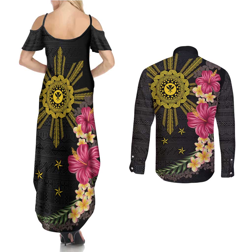 Hawaii and Philippines Together Couples Matching Summer Maxi Dress and Long Sleeve Button Shirt Hibiscus Flower and Sun Badge Polynesian Pattern Coloful