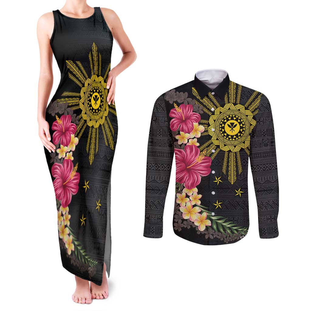 Hawaii and Philippines Together Couples Matching Tank Maxi Dress and Long Sleeve Button Shirt Hibiscus Flower and Sun Badge Polynesian Pattern Coloful