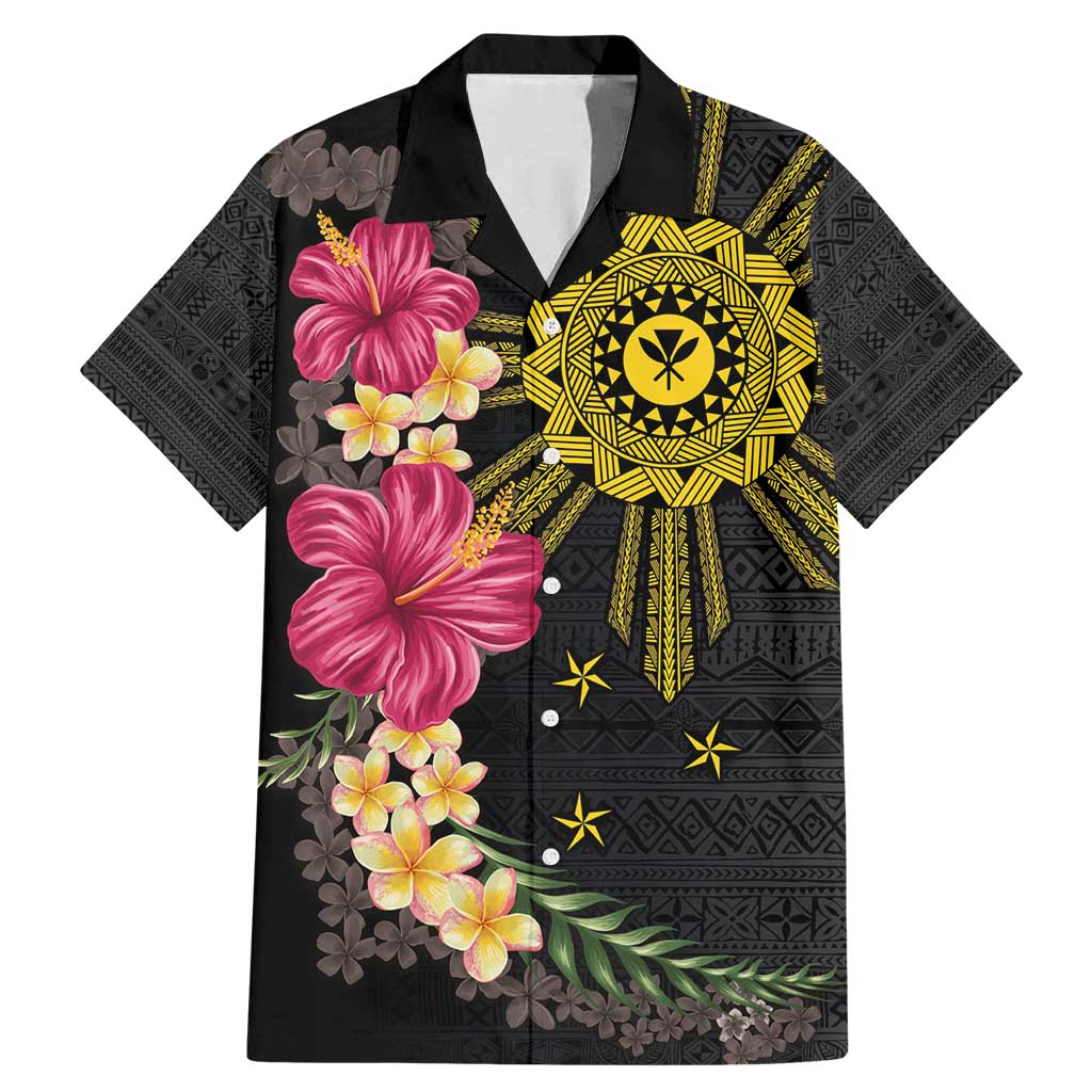 Hawaii and Philippines Together Family Matching Mermaid Dress and Hawaiian Shirt Hibiscus Flower and Sun Badge Polynesian Pattern Coloful LT03 Dad's Shirt - Short Sleeve Black - Polynesian Pride