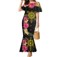 Hawaii and Philippines Together Family Matching Mermaid Dress and Hawaiian Shirt Hibiscus Flower and Sun Badge Polynesian Pattern Coloful LT03 Mom's Dress Black - Polynesian Pride
