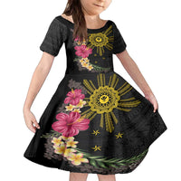 Hawaii and Philippines Together Family Matching Off The Shoulder Long Sleeve Dress and Hawaiian Shirt Hibiscus Flower and Sun Badge Polynesian Pattern Coloful LT03 Daughter's Dress Black - Polynesian Pride