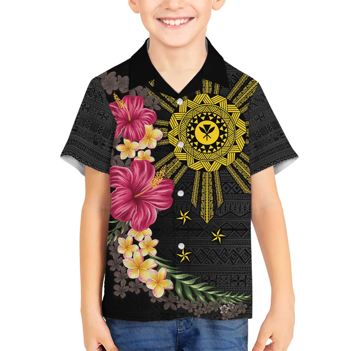 Hawaii and Philippines Together Family Matching Off The Shoulder Long Sleeve Dress and Hawaiian Shirt Hibiscus Flower and Sun Badge Polynesian Pattern Coloful LT03 Son's Shirt Black - Polynesian Pride