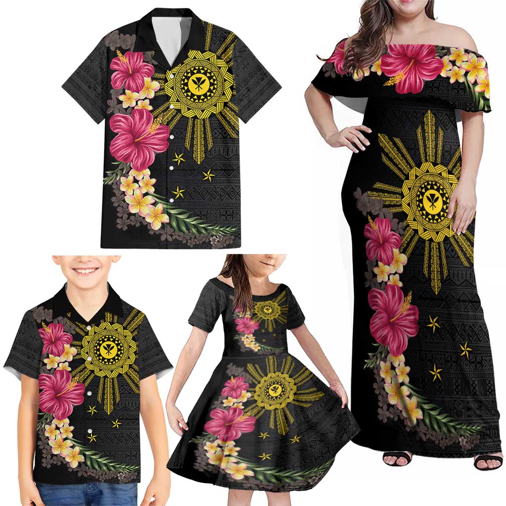Hawaii and Philippines Together Family Matching Off Shoulder Maxi Dress and Hawaiian Shirt Hibiscus Flower and Sun Badge Polynesian Pattern Coloful LT03 - Polynesian Pride