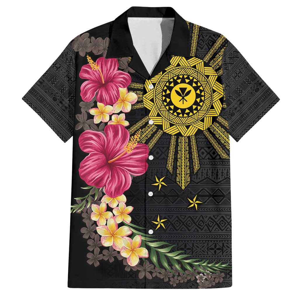 Hawaii and Philippines Together Family Matching Off Shoulder Maxi Dress and Hawaiian Shirt Hibiscus Flower and Sun Badge Polynesian Pattern Coloful LT03 Dad's Shirt - Short Sleeve Black - Polynesian Pride