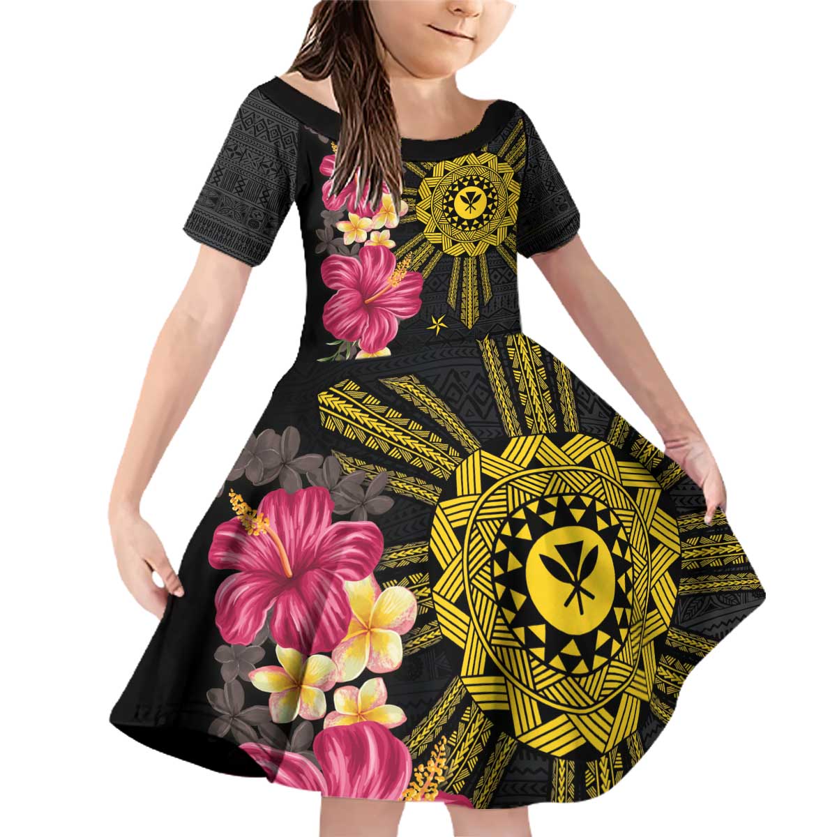 Hawaii and Philippines Together Family Matching Off Shoulder Short Dress and Hawaiian Shirt Hibiscus Flower and Sun Badge Polynesian Pattern Coloful LT03 Daughter's Dress Black - Polynesian Pride