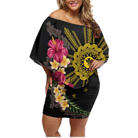 Hawaii and Philippines Together Family Matching Off Shoulder Short Dress and Hawaiian Shirt Hibiscus Flower and Sun Badge Polynesian Pattern Coloful LT03 Mom's Dress Black - Polynesian Pride