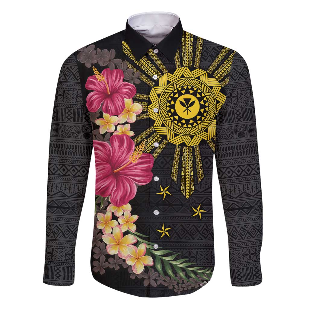 Hawaii and Philippines Together Family Matching Short Sleeve Bodycon Dress and Hawaiian Shirt Hibiscus Flower and Sun Badge Polynesian Pattern Coloful LT03 Dad's Shirt - Long Sleeve Black - Polynesian Pride