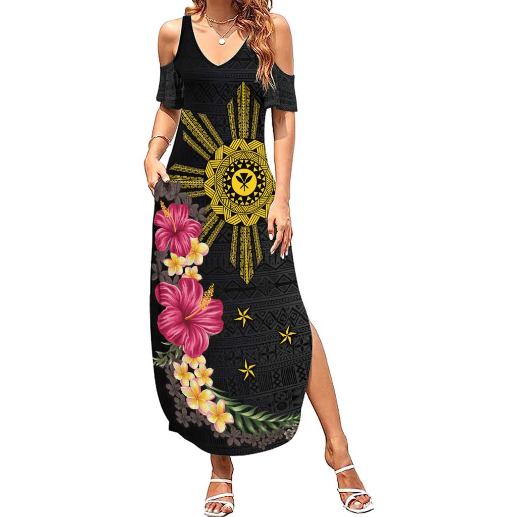 Hawaii and Philippines Together Family Matching Summer Maxi Dress and Hawaiian Shirt Hibiscus Flower and Sun Badge Polynesian Pattern Coloful LT03 Mom's Dress Black - Polynesian Pride
