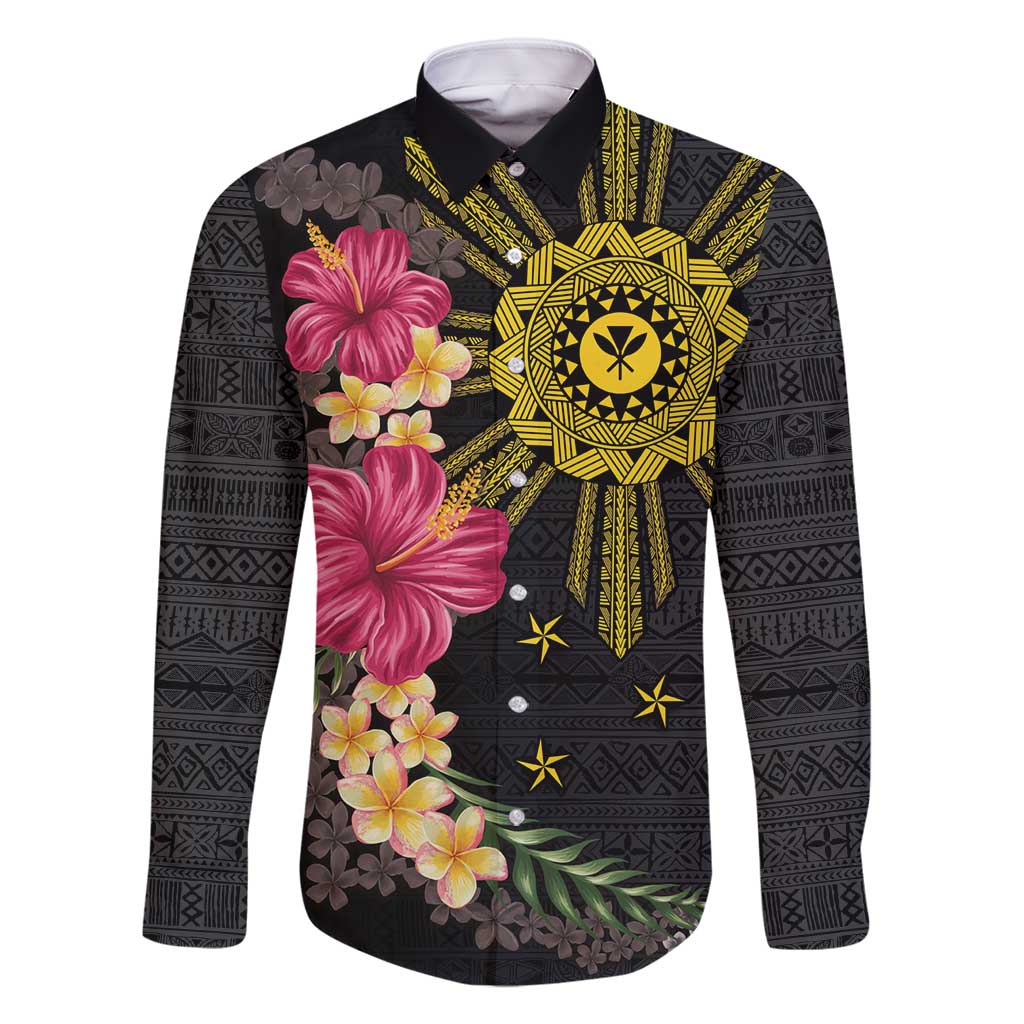 Hawaii and Philippines Together Family Matching Tank Maxi Dress and Hawaiian Shirt Hibiscus Flower and Sun Badge Polynesian Pattern Coloful LT03 Dad's Shirt - Long Sleeve Black - Polynesian Pride
