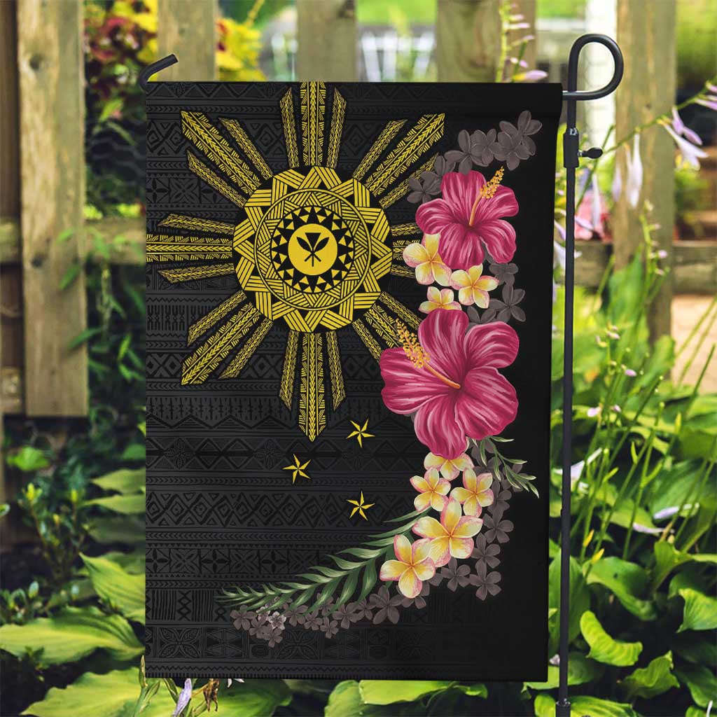 Hawaii and Philippines Together Garden Flag Hibiscus Flower and Sun Badge Polynesian Pattern Coloful LT03 Garden Flag Black - Polynesian Pride