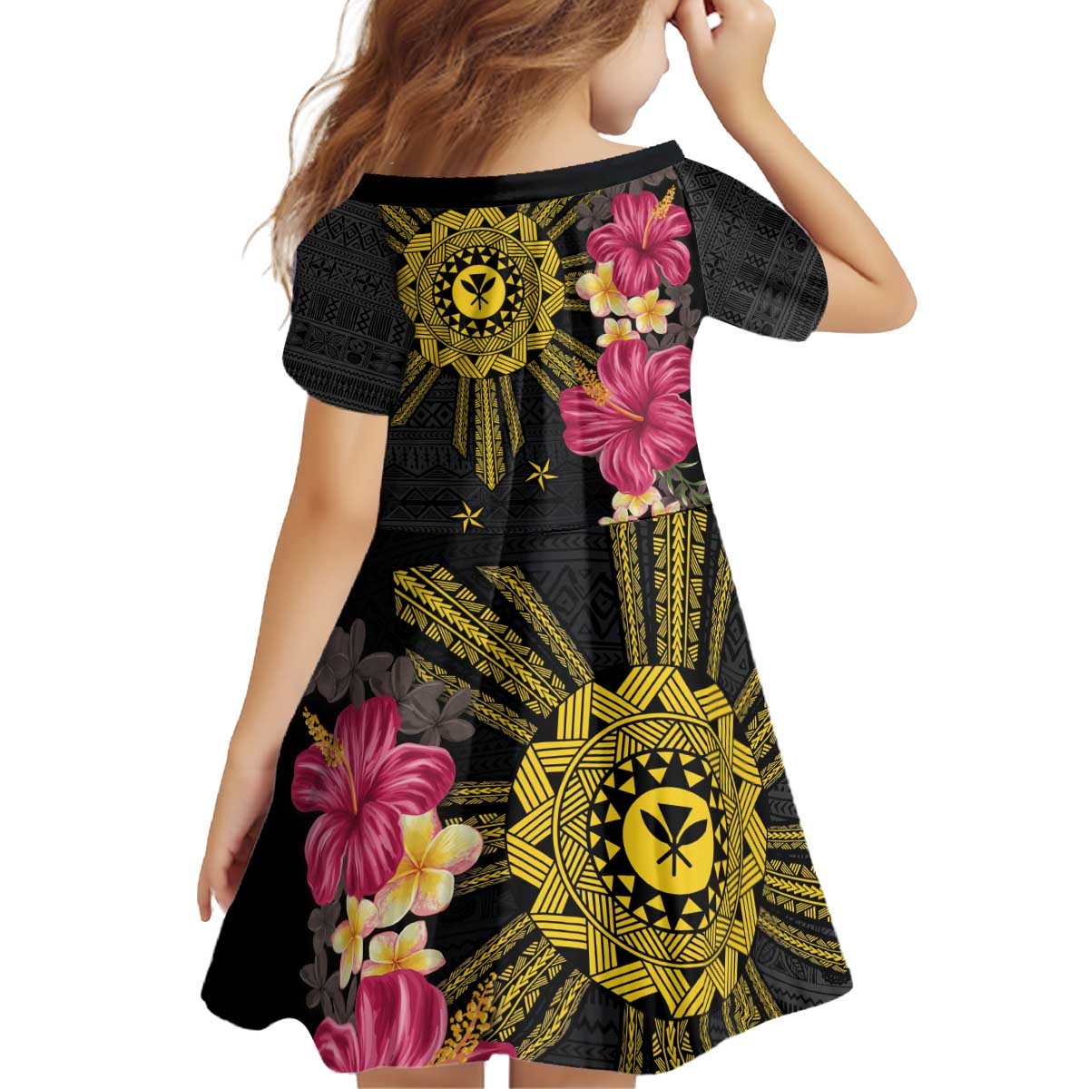 Hawaii and Philippines Together Kid Short Sleeve Dress Hibiscus Flower and Sun Badge Polynesian Pattern Coloful