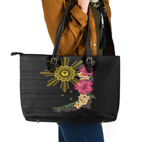 Hawaii and Philippines Together Leather Tote Bag Hibiscus Flower and Sun Badge Polynesian Pattern Coloful