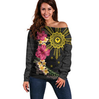 Hawaii and Philippines Together Off Shoulder Sweater Hibiscus Flower and Sun Badge Polynesian Pattern Coloful LT03 Women Black - Polynesian Pride