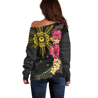 Hawaii and Philippines Together Off Shoulder Sweater Hibiscus Flower and Sun Badge Polynesian Pattern Coloful LT03 - Polynesian Pride