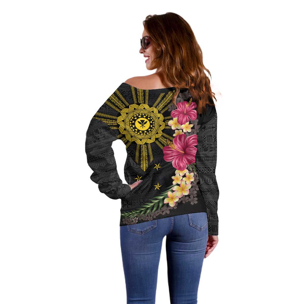 Hawaii and Philippines Together Off Shoulder Sweater Hibiscus Flower and Sun Badge Polynesian Pattern Coloful LT03 - Polynesian Pride