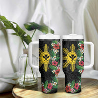 Hawaii and Philippines Together Tumbler With Handle Hibiscus Flower and Sun Badge Polynesian Pattern Coloful