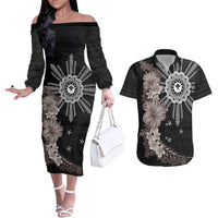 Hawaii and Philippines Together Couples Matching Off The Shoulder Long Sleeve Dress and Hawaiian Shirt Hibiscus Flower and Sun Badge Polynesian Pattern Grayscale LT03 Black - Polynesian Pride