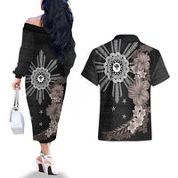 Hawaii and Philippines Together Couples Matching Off The Shoulder Long Sleeve Dress and Hawaiian Shirt Hibiscus Flower and Sun Badge Polynesian Pattern Grayscale LT03 - Polynesian Pride
