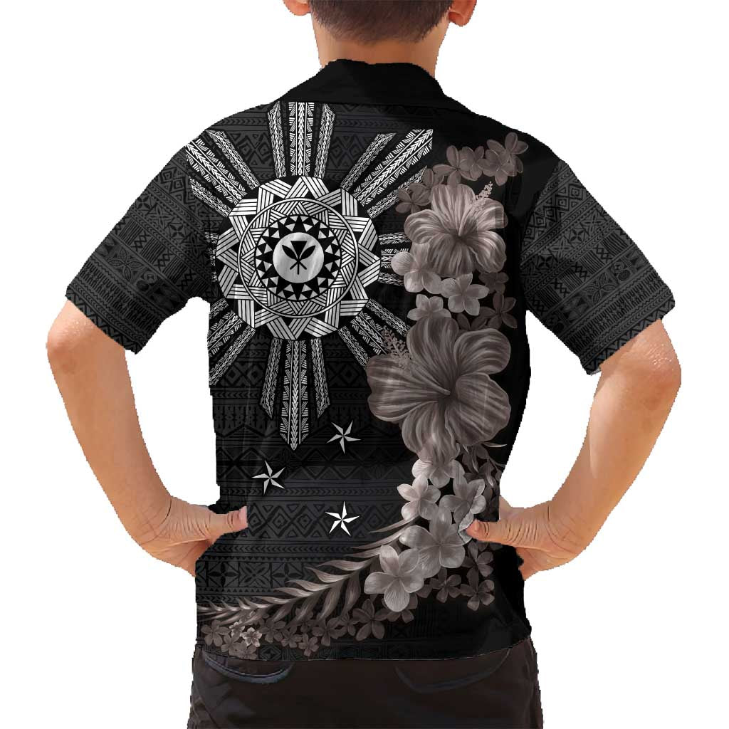 Hawaii and Philippines Together Family Matching Long Sleeve Bodycon Dress and Hawaiian Shirt Hibiscus Flower and Sun Badge Polynesian Pattern Grayscale LT03 - Polynesian Pride