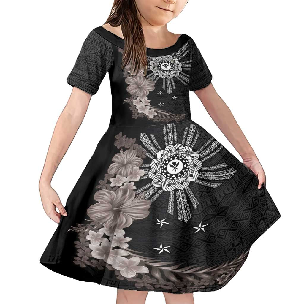 Hawaii and Philippines Together Family Matching Long Sleeve Bodycon Dress and Hawaiian Shirt Hibiscus Flower and Sun Badge Polynesian Pattern Grayscale LT03 Daughter's Dress Black - Polynesian Pride