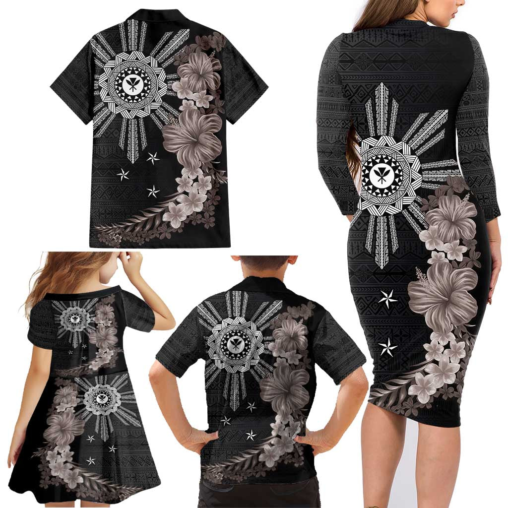 Hawaii and Philippines Together Family Matching Long Sleeve Bodycon Dress and Hawaiian Shirt Hibiscus Flower and Sun Badge Polynesian Pattern Grayscale LT03 - Polynesian Pride