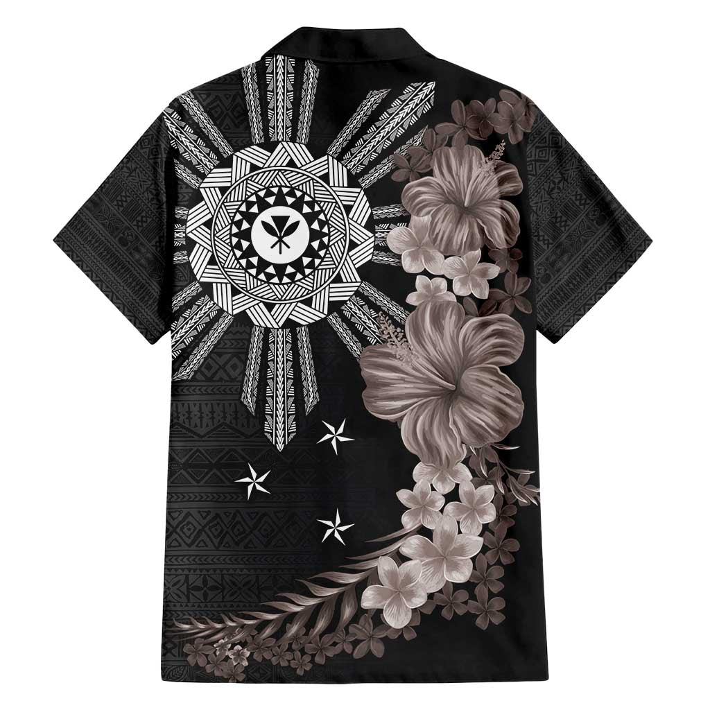 Hawaii and Philippines Together Family Matching Long Sleeve Bodycon Dress and Hawaiian Shirt Hibiscus Flower and Sun Badge Polynesian Pattern Grayscale LT03 - Polynesian Pride