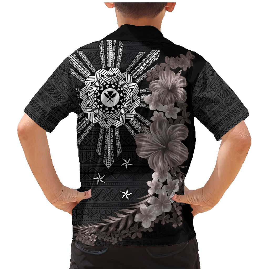 Hawaii and Philippines Together Family Matching Mermaid Dress and Hawaiian Shirt Hibiscus Flower and Sun Badge Polynesian Pattern Grayscale LT03 - Polynesian Pride