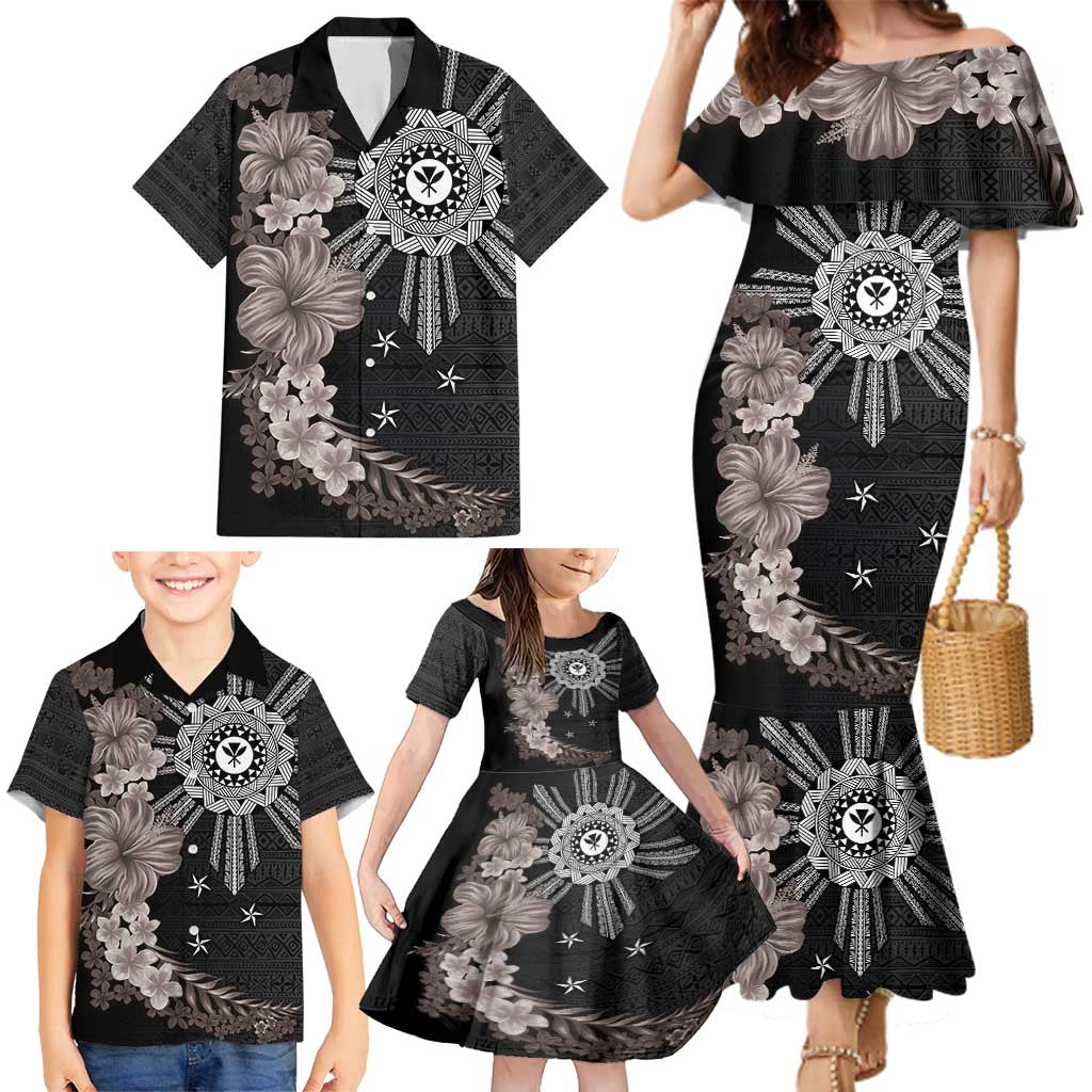 Hawaii and Philippines Together Family Matching Mermaid Dress and Hawaiian Shirt Hibiscus Flower and Sun Badge Polynesian Pattern Grayscale LT03 - Polynesian Pride