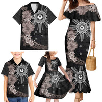 Hawaii and Philippines Together Family Matching Mermaid Dress and Hawaiian Shirt Hibiscus Flower and Sun Badge Polynesian Pattern Grayscale LT03 - Polynesian Pride