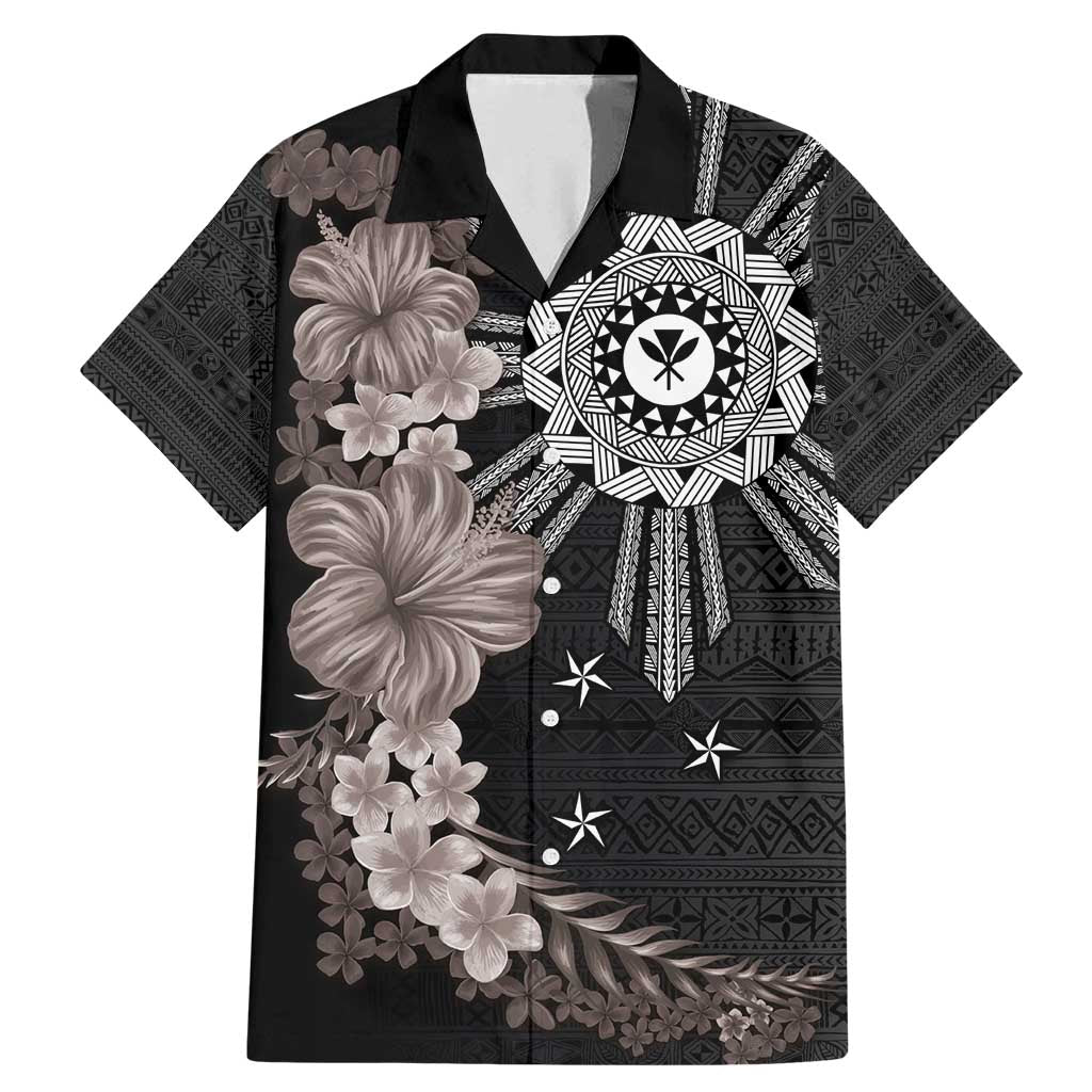 Hawaii and Philippines Together Family Matching Mermaid Dress and Hawaiian Shirt Hibiscus Flower and Sun Badge Polynesian Pattern Grayscale LT03 Dad's Shirt - Short Sleeve Black - Polynesian Pride