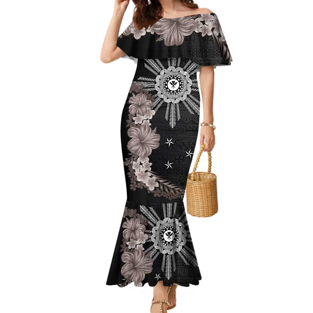 Hawaii and Philippines Together Family Matching Mermaid Dress and Hawaiian Shirt Hibiscus Flower and Sun Badge Polynesian Pattern Grayscale LT03 Mom's Dress Black - Polynesian Pride