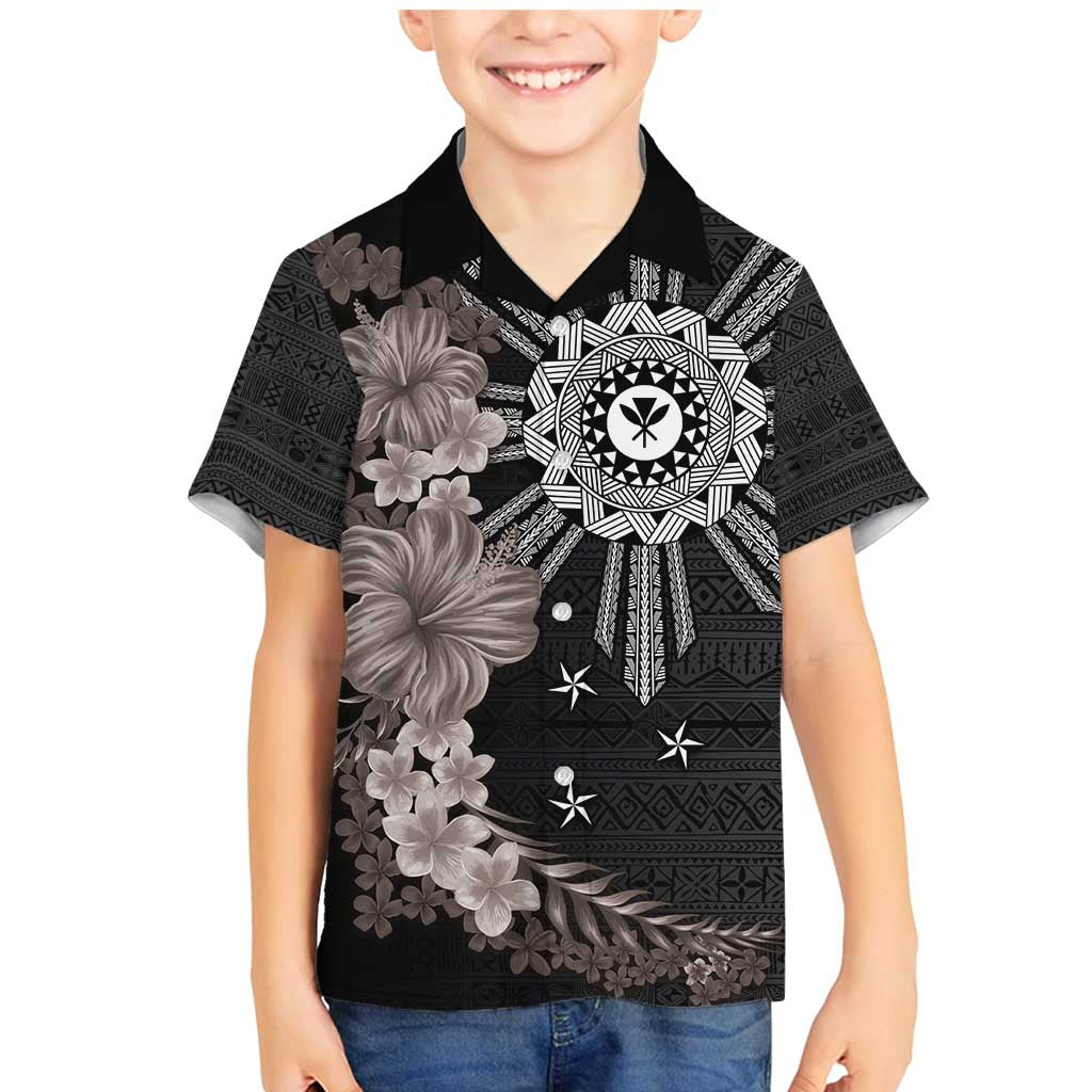 Hawaii and Philippines Together Family Matching Mermaid Dress and Hawaiian Shirt Hibiscus Flower and Sun Badge Polynesian Pattern Grayscale LT03 Son's Shirt Black - Polynesian Pride