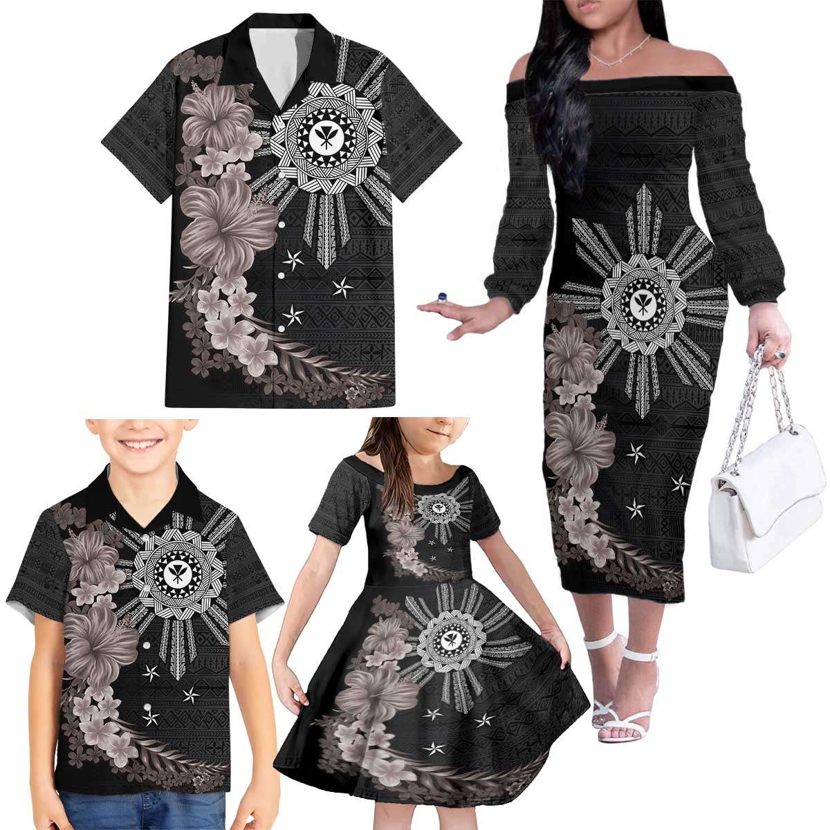 Hawaii and Philippines Together Family Matching Off The Shoulder Long Sleeve Dress and Hawaiian Shirt Hibiscus Flower and Sun Badge Polynesian Pattern Grayscale LT03 - Polynesian Pride