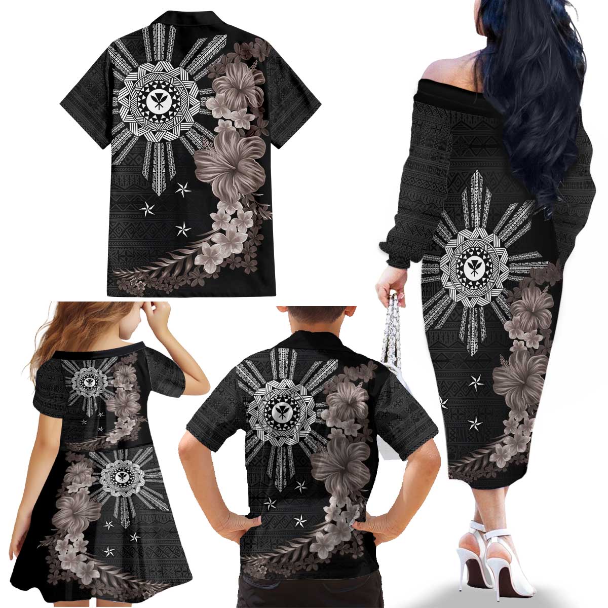Hawaii and Philippines Together Family Matching Off The Shoulder Long Sleeve Dress and Hawaiian Shirt Hibiscus Flower and Sun Badge Polynesian Pattern Grayscale LT03 - Polynesian Pride